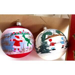 Vitbis Poland Hand Painted Glass Christmas Ornaments Set of 2 Winter Scenes